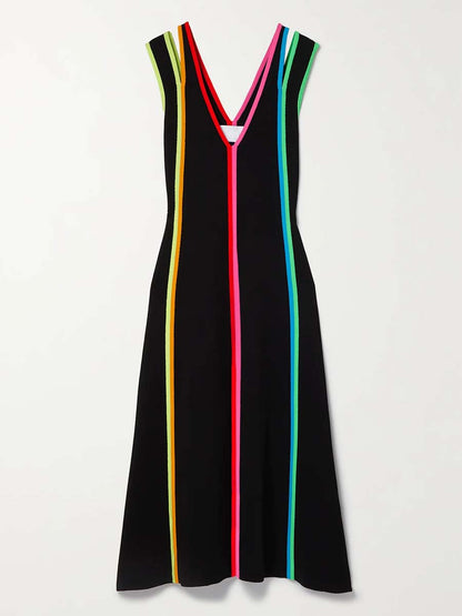 Deep V Neck Striped Stretch-knit Midi Dress