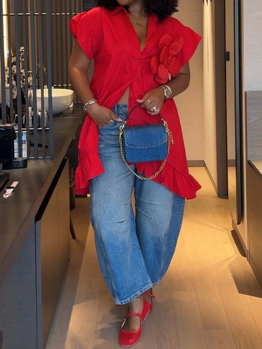 Loose Flounced 3D Flower Shirt Dress