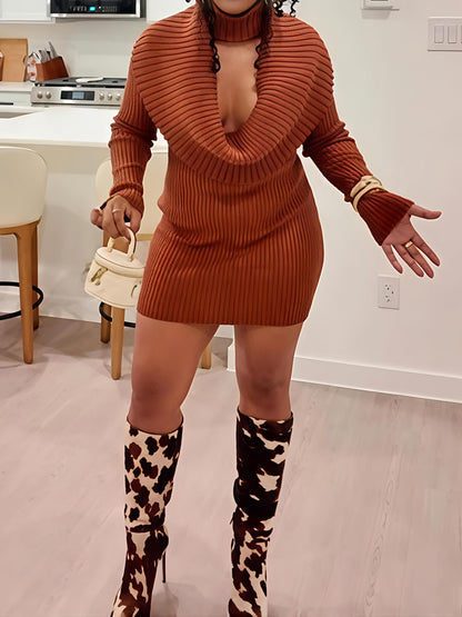 Ribbed Knit Voluminous Cowl Neck Mini Dress