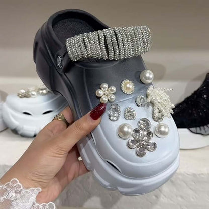 Pearl Rhinestone Chain Platform Hole Shoes Slippers