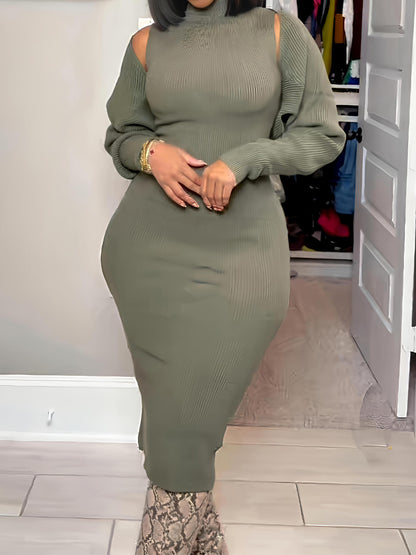 Cropped Cardigan Pullover Sweater Maxi Dress Set