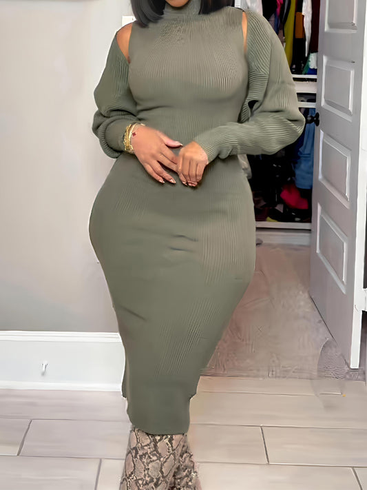 Cropped Cardigan Pullover Sweater Maxi Dress Set