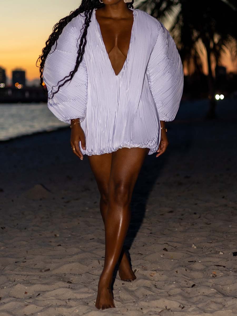 Deep V Neck Pleated Mini Dress