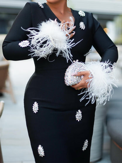 Feather-Trimmed Wrists Gemstone Embellishments Party Dress