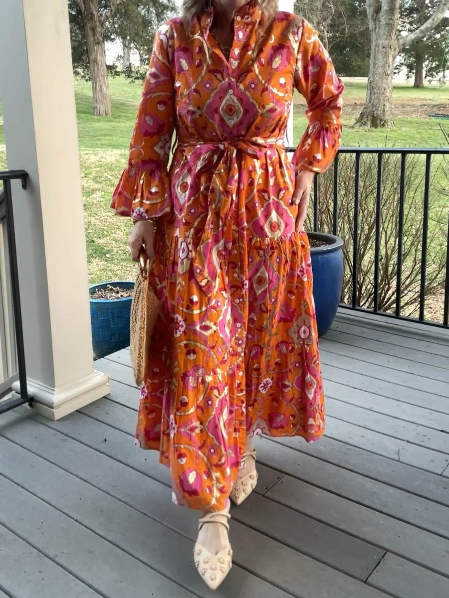 Elegant Printed Bell Sleeve Maxi Dress