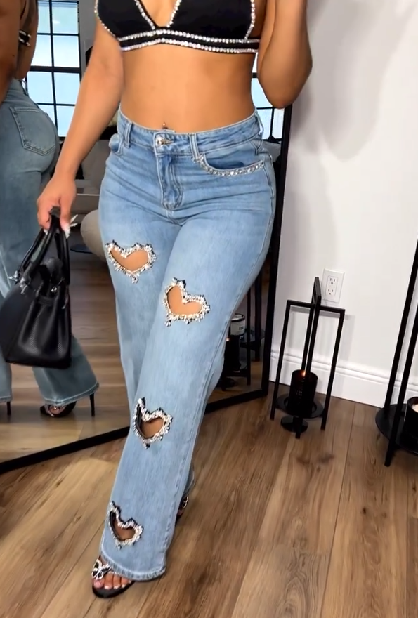 Denim Crystal Heart Pants