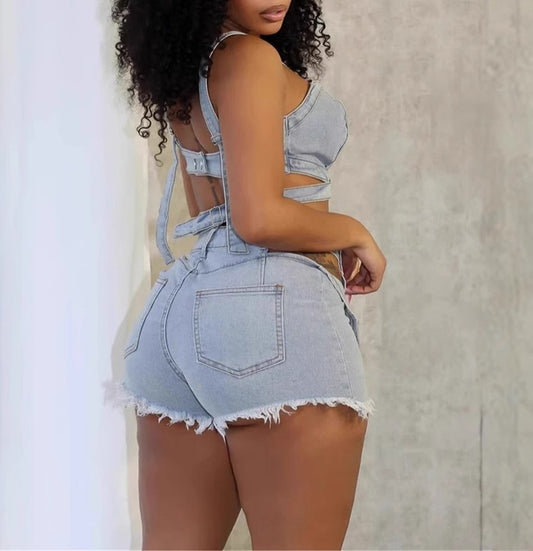 Denim Top & Cut Out Shorts SET