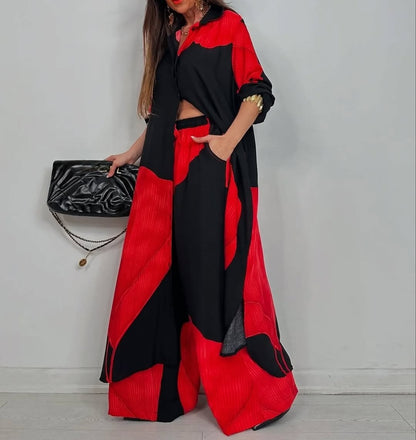V-neck Patchwork Printed Top and Pants Commuting Casual Suit