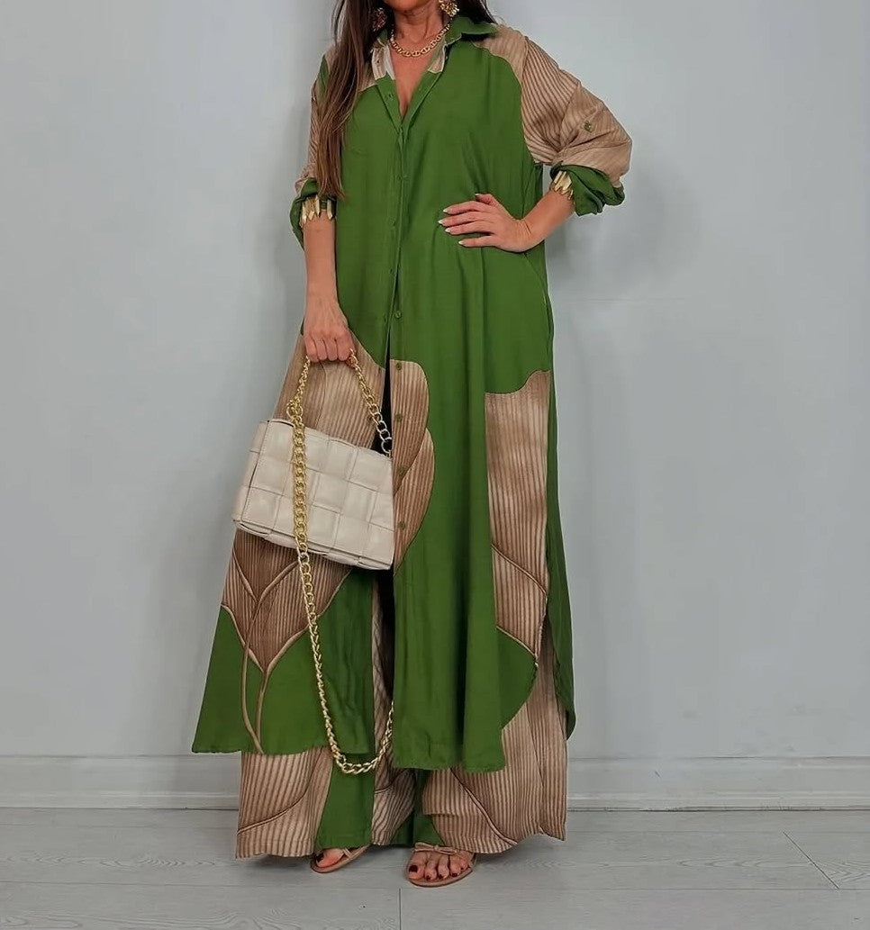 V-neck Patchwork Printed Top and Pants Commuting Casual Suit