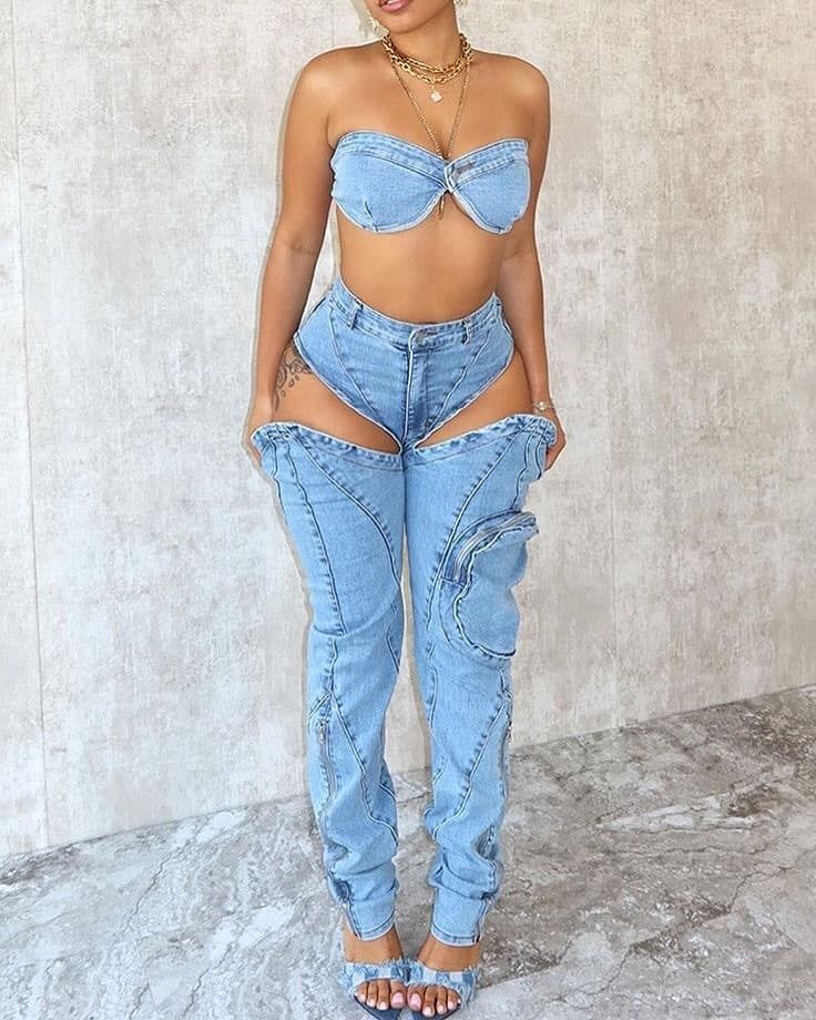 Boss Babe Denim Tube Top & Cut Out Pants SET
