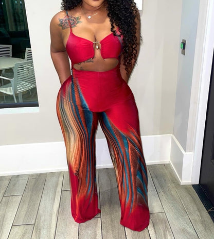 Printed suspender jumpsuit with metallic trim details