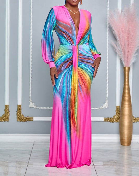 Ruched Deep V Neck Tummy Control Maxi Dress