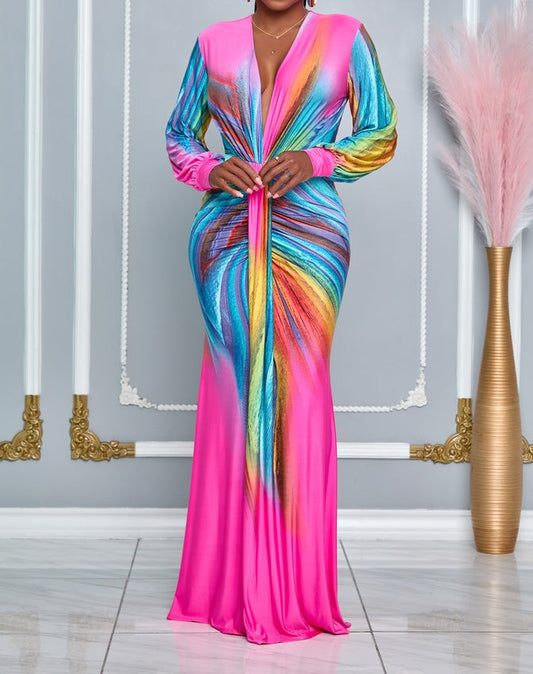 Ruched Deep V Neck Tummy Control Maxi Dress