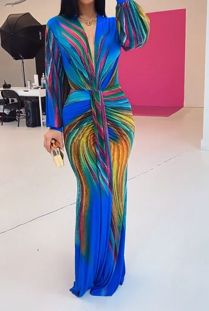 Ruched Deep V Neck Tummy Control Maxi Dress