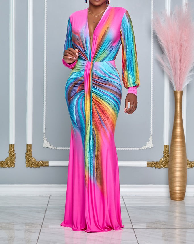 Ruched Deep V Neck Tummy Control Maxi Dress