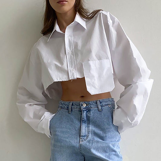 Solid Color Cropped Shirt With Pockets
