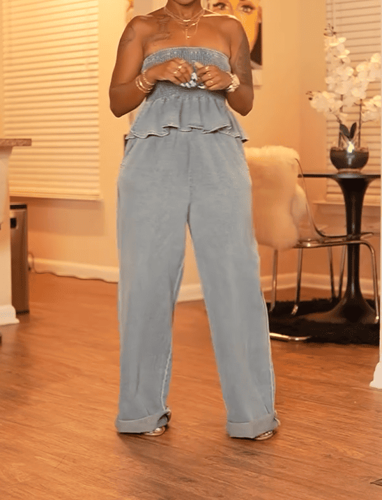 Bustier Washed Lace Top Wide Leg Pants Set