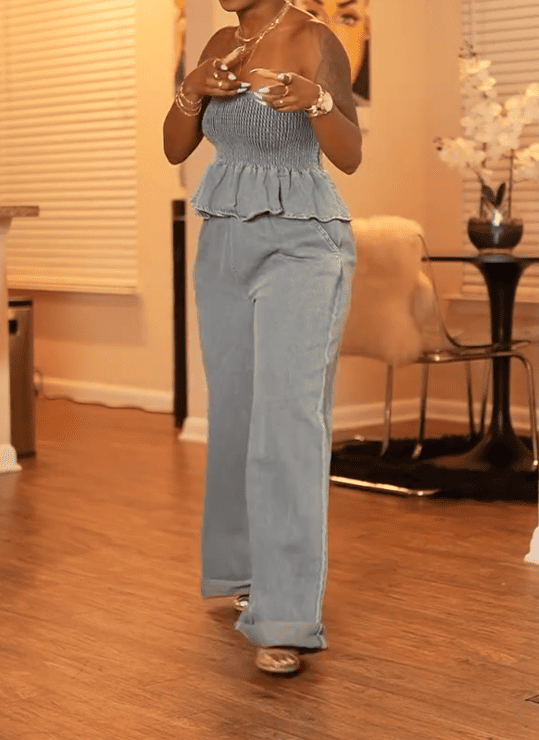 Bustier Washed Lace Top Wide Leg Pants Set