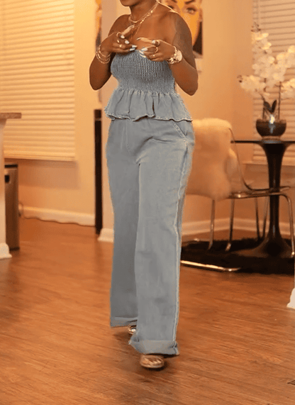 Bustier Washed Lace Top Wide Leg Pants Set
