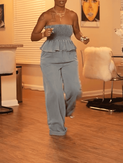 Bustier Washed Lace Top Wide Leg Pants Set