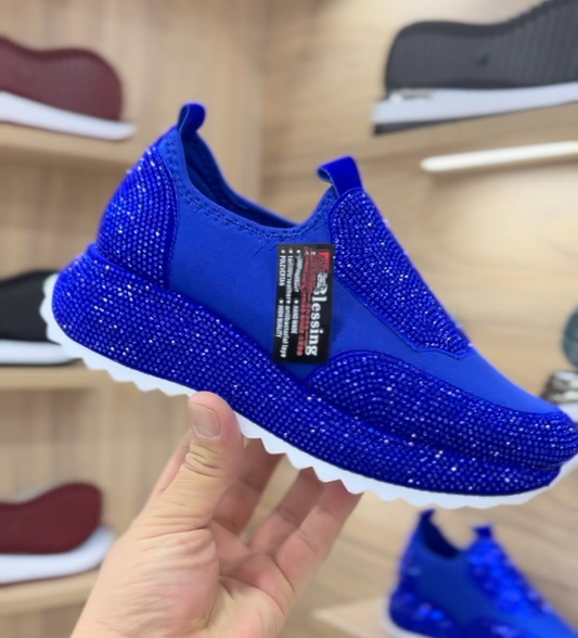 Shiny blue rhinestone platform slip-on sneakers