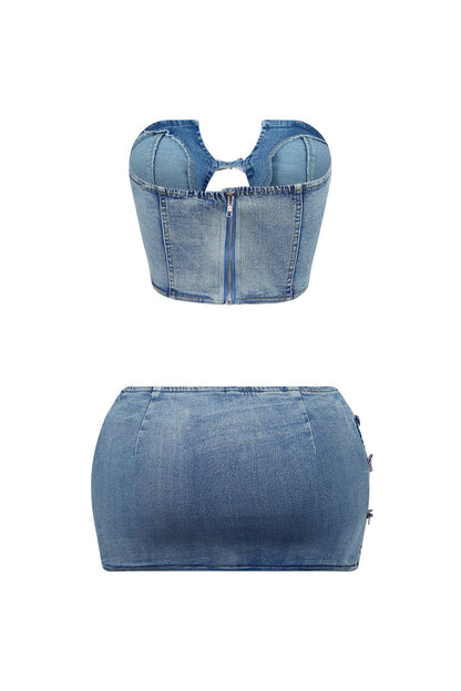 Get Away Denim Top & Low Rise Skirt SET