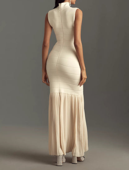 High Neck Fitted Pleated Maxi Dress