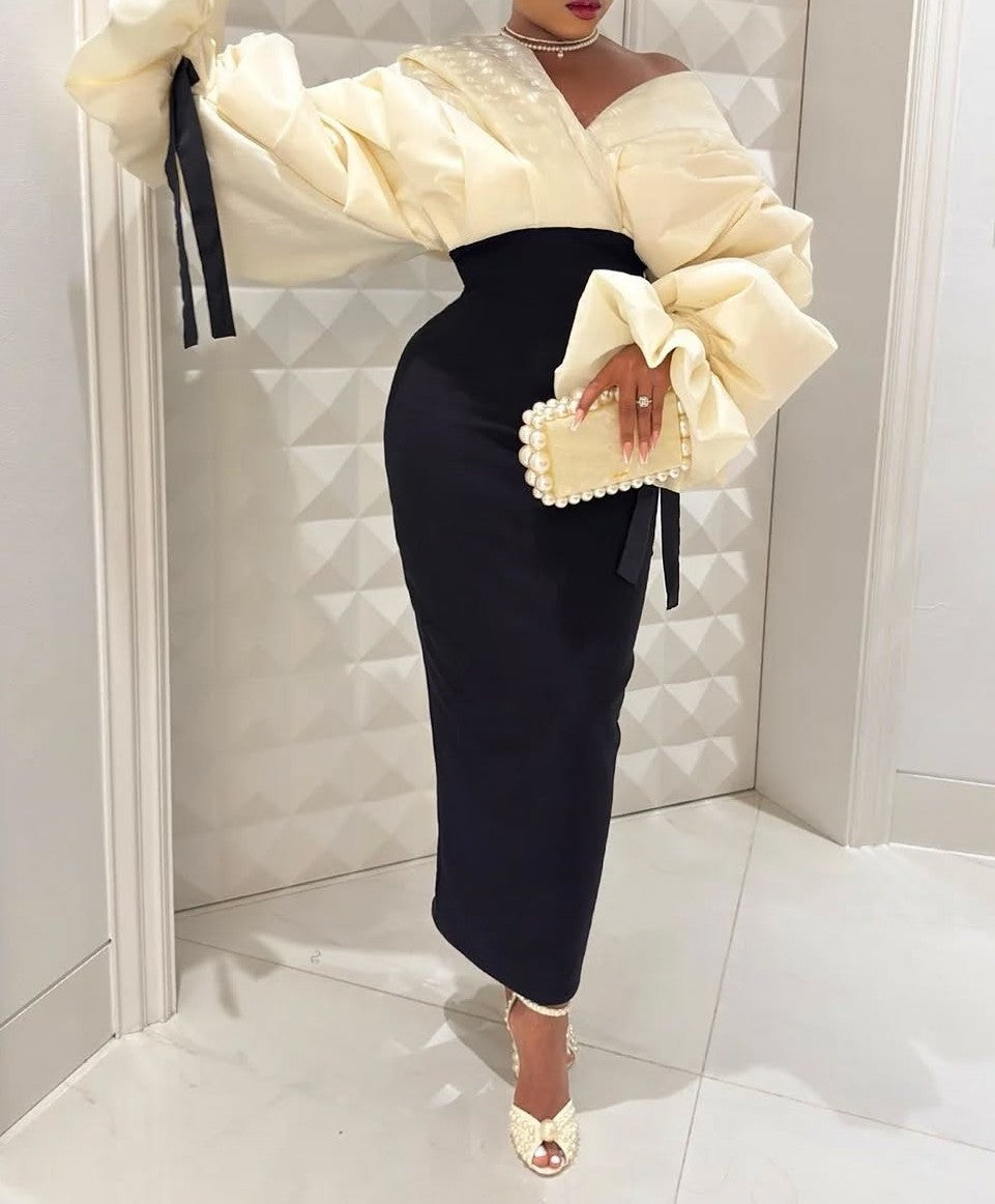 Elegant Pleated Sleeve Slit Hem Party Dress