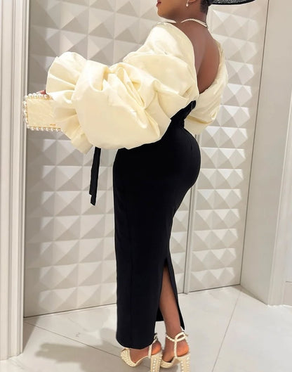 Elegant Pleated Sleeve Slit Hem Party Dress