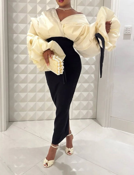 Elegant Pleated Sleeve Slit Hem Party Dress