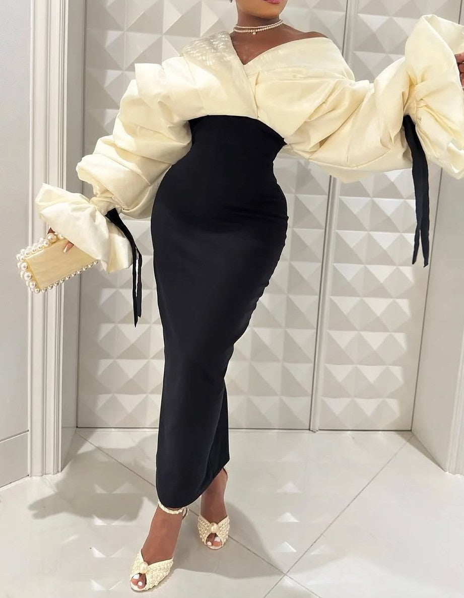 Elegant Pleated Sleeve Slit Hem Party Dress