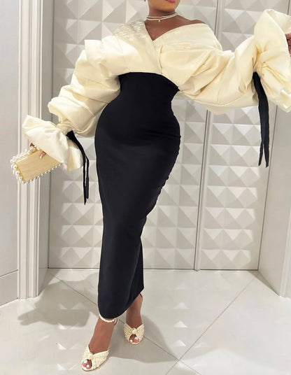 Elegant Pleated Sleeve Slit Hem Party Dress