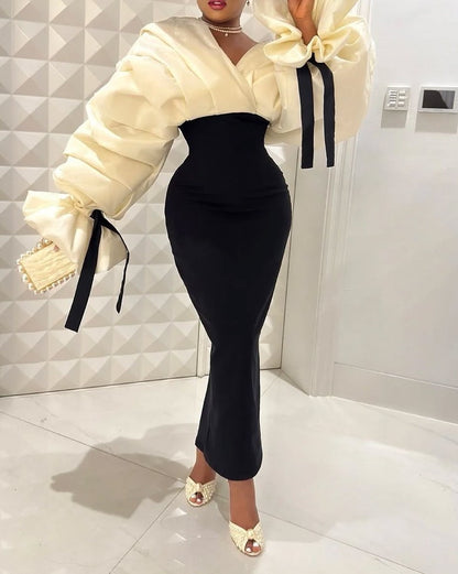 Elegant Pleated Sleeve Slit Hem Party Dress