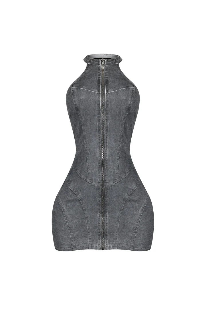 Denim Washed Halter Zip Up Mini Dress