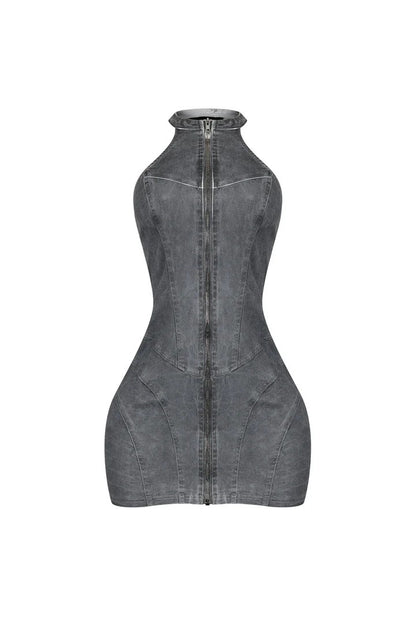 Denim Washed Halter Zip Up Mini Dress