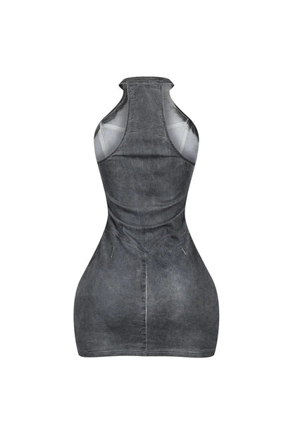 Denim Washed Halter Zip Up Mini Dress