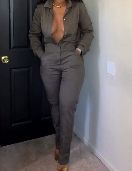 Long-sleeved Cargo Jumpsuit - Olive