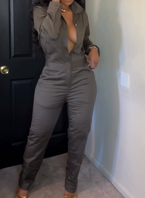 Long-sleeved Cargo Jumpsuit - Olive