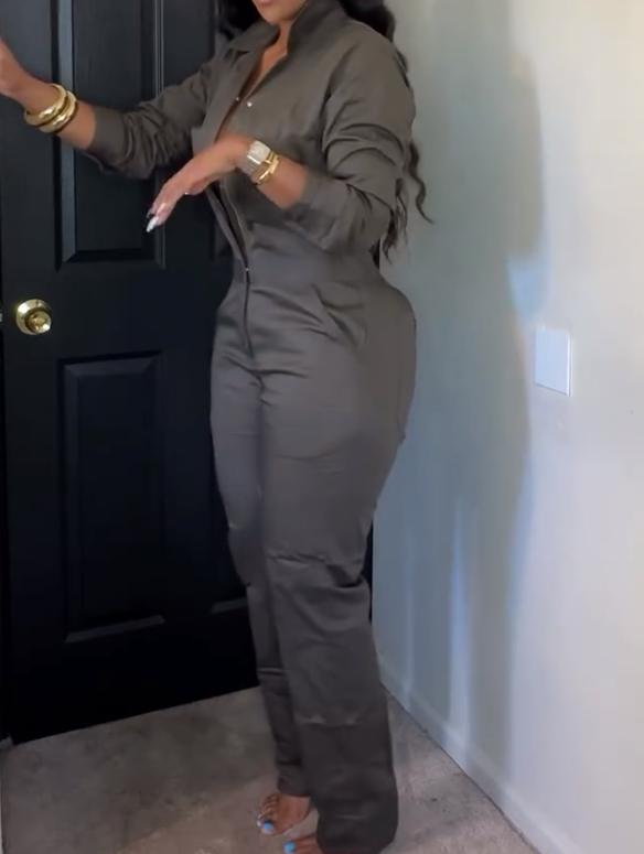 Long-sleeved Cargo Jumpsuit - Olive