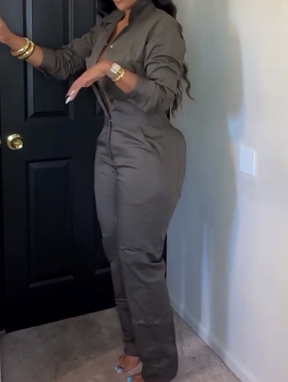 Long-sleeved Cargo Jumpsuit - Olive