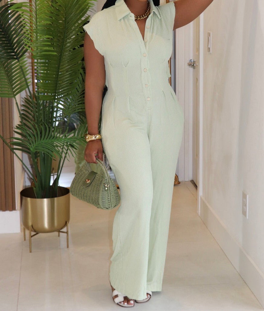 Button Front Collar Jumpsuit