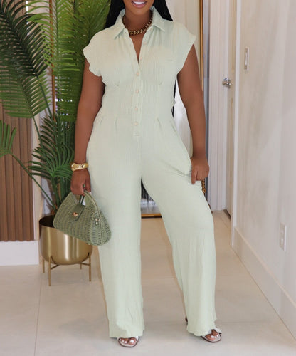 Button Front Collar Jumpsuit