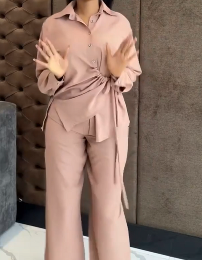 Silk Button Long Sleeve Trousers 2-Piece Set