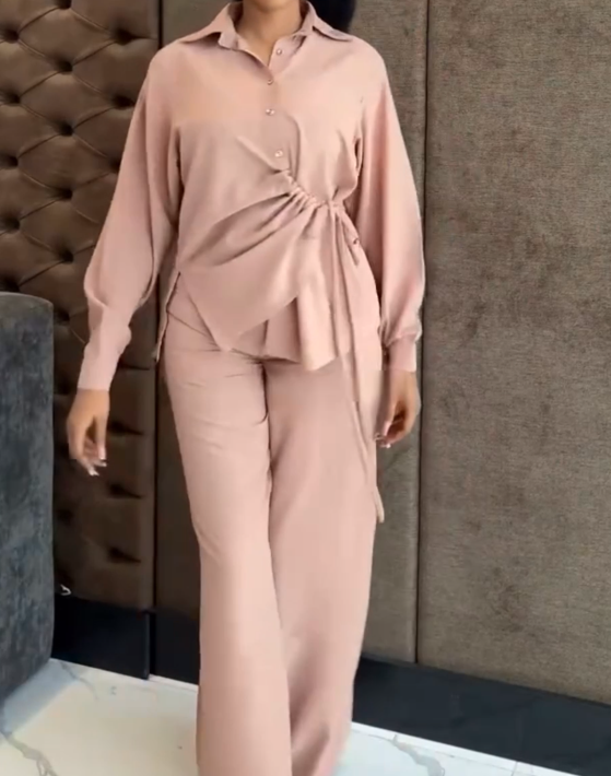 Silk Button Long Sleeve Trousers 2-Piece Set