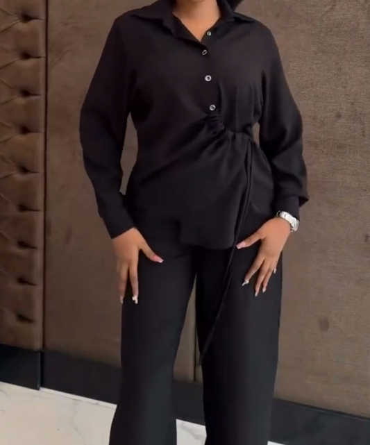 Silk Button Long Sleeve Trousers 2-Piece Set