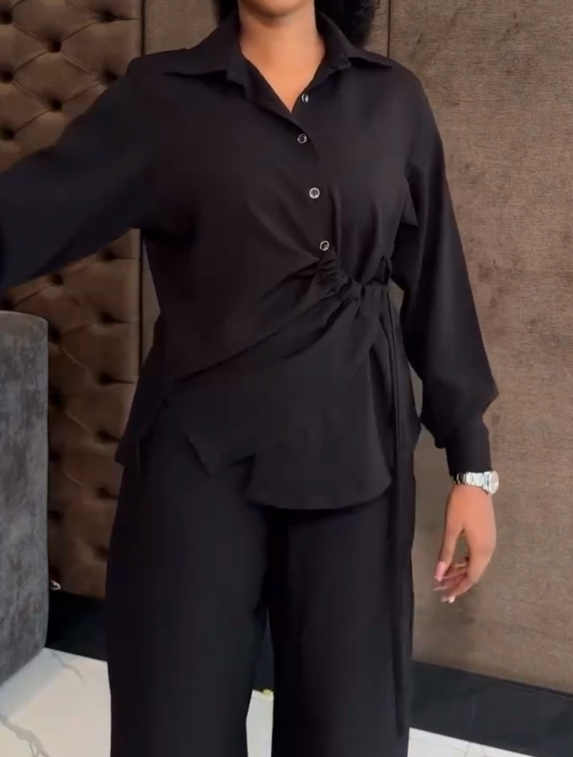 Silk Button Long Sleeve Trousers 2-Piece Set