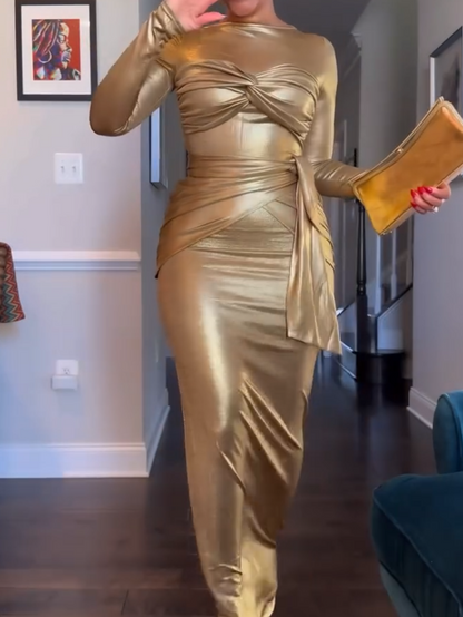 Gold Pleated Slim Dress