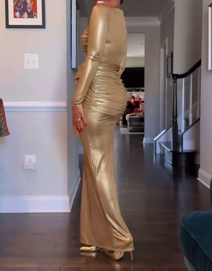 Gold Pleated Slim Dress
