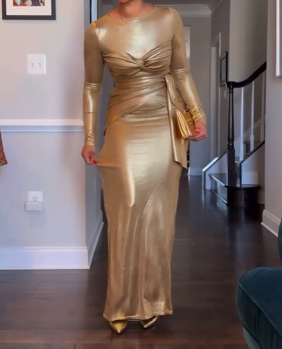 Gold Pleated Slim Dress