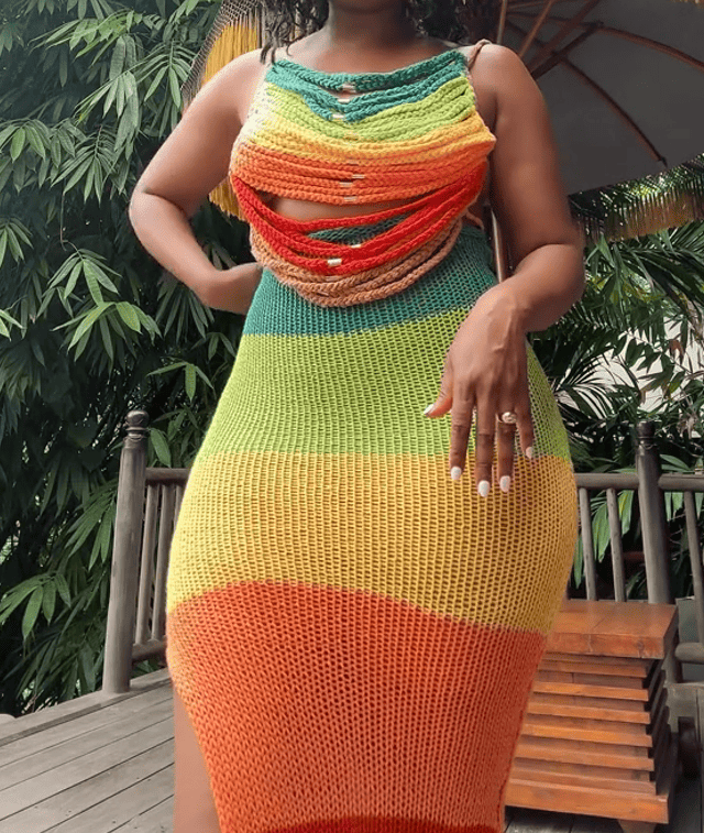 Color Block Stripe Crochet Beach Maxi Dress